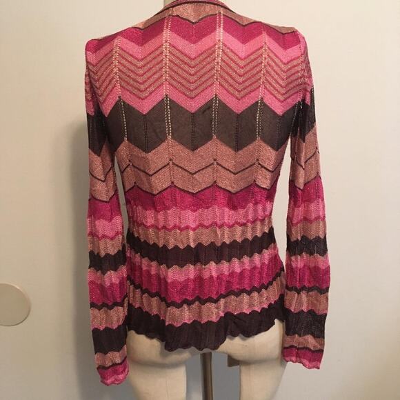 Cache Pink-Fuchsia-Rose Gold-Brown Metallic Chevron Print Cardigan Sweater XS - Picture 3 of 7